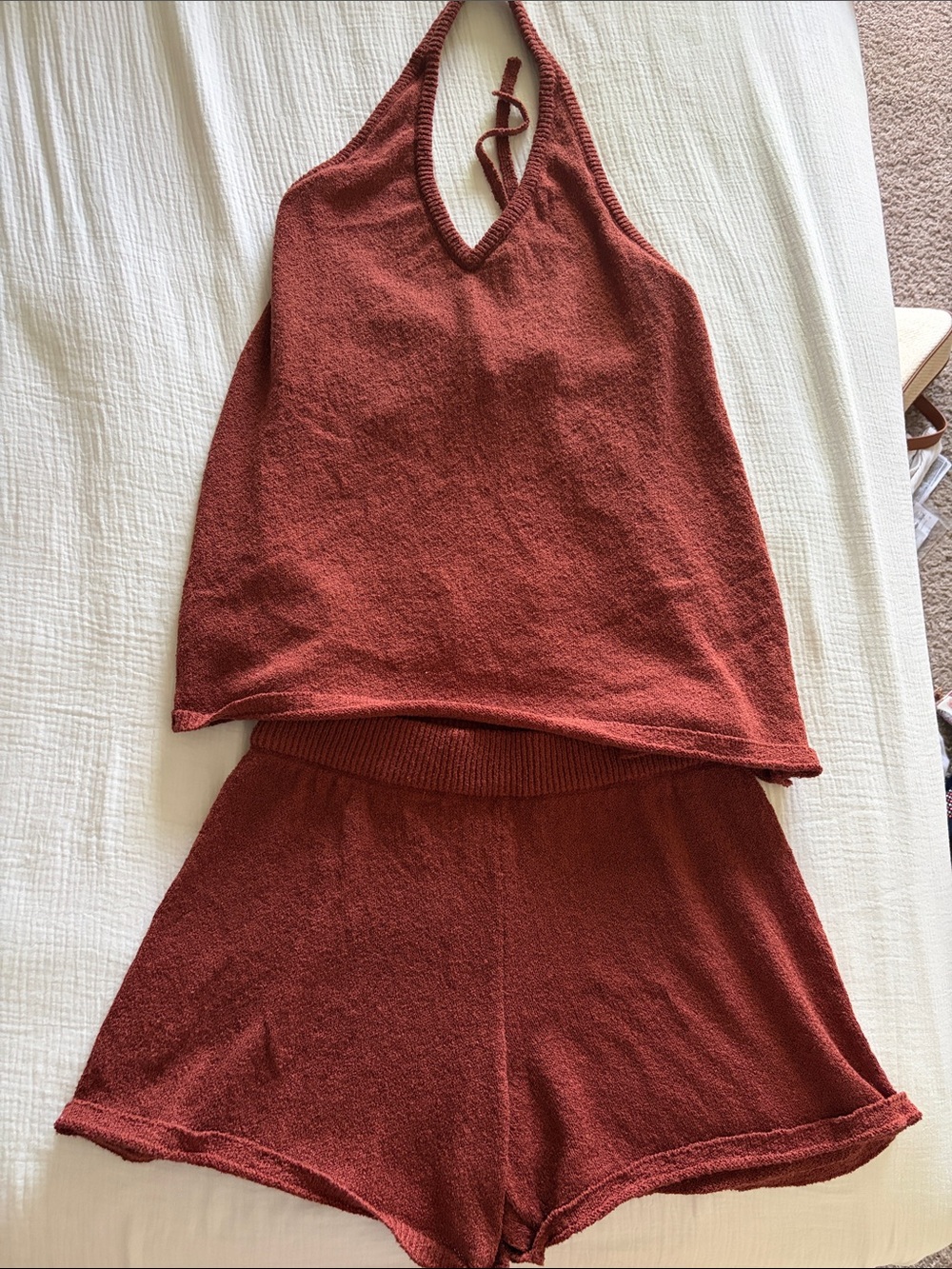 Rust Red Knit Halter Top & Shorts Set